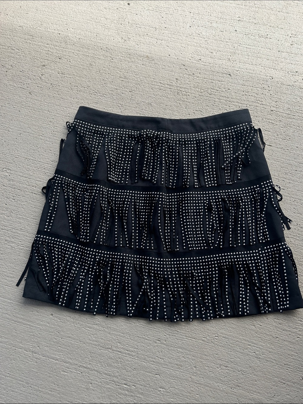 Main Strip Black Fringe Mini Skirt with Stud Detailing